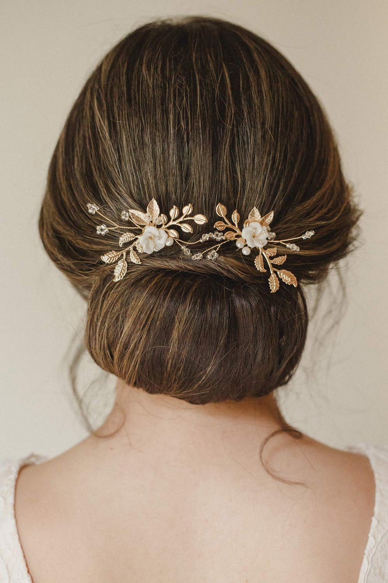 SWEETV 2Pcs Bridal Hair Accessories,Gold Wedding Hair Pins Pieces With White Flowers for Brides - Image 4